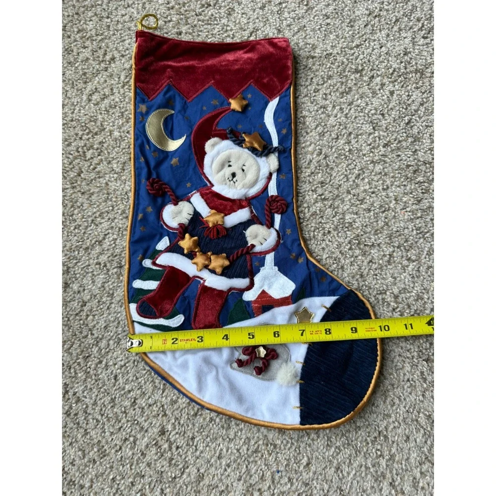 Vintage Appliqué Christmas Stocking  Blue Velvet Santa Teddy‎ Bear Stars Moon
